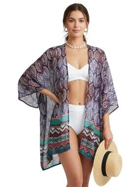 Umgee Women's Floral  Oversized Loose Fit Kimono Swim Cover Up Size S/M